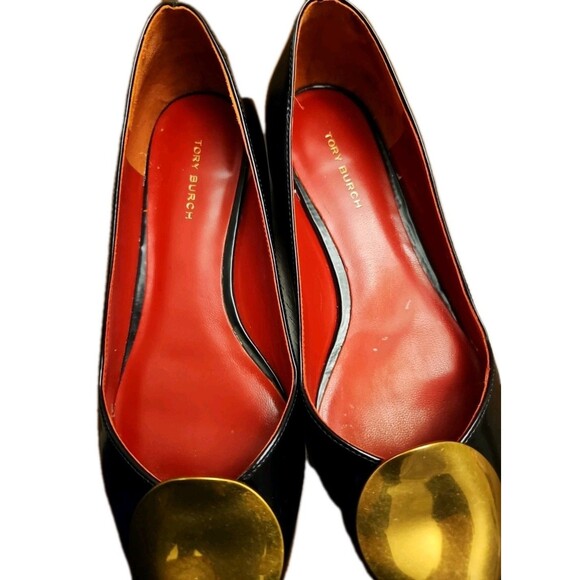 Tory Burch Patos Point Toe Black Flat Patent Leather Gold Medal, Womens Size 7 M - Picture 10 of 10